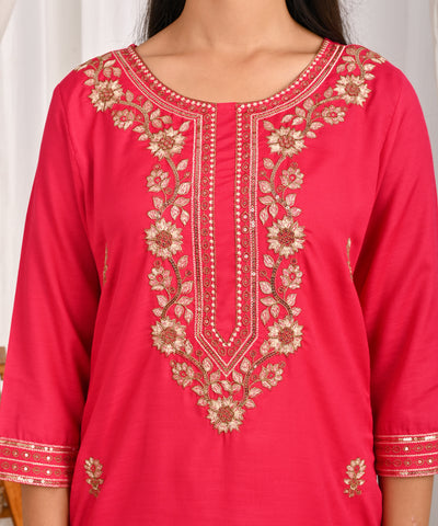 Solid Floral Embroidered Straight Kurta with Pant & Organza Printed Dupatta - Pink