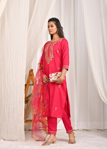 Solid Floral Embroidered Straight Kurta with Pant & Organza Printed Dupatta - Pink
