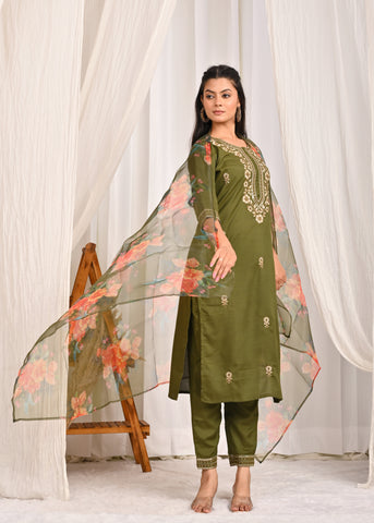 Solid Floral Embroidered Straight Kurta with Pant & Organza Printed Dupatta - Green
