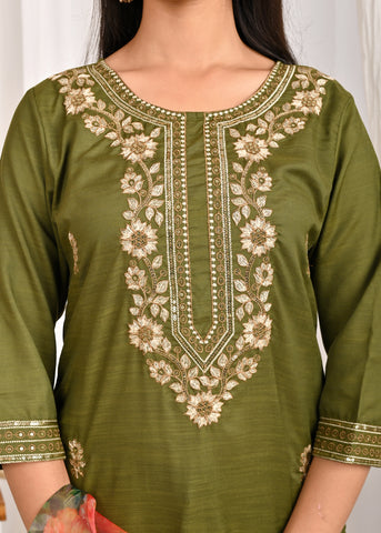 Solid Floral Embroidered Straight Kurta with Pant & Organza Printed Dupatta - Green
