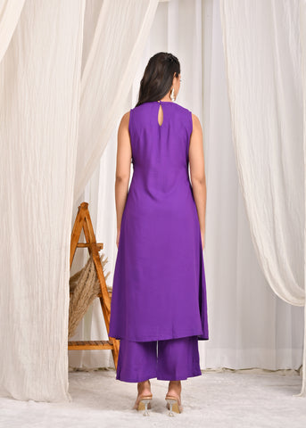 Solid Mirror Embroidered A-Line Co-ord Set - Purple