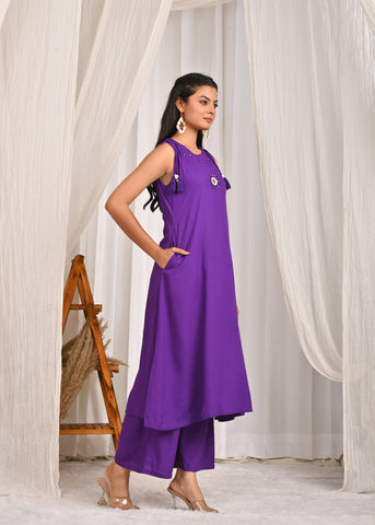 Solid Mirror Embroidered A-Line Co-ord Set - Purple