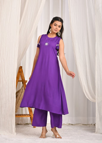 Solid Mirror Embroidered A-Line Co-ord Set - Purple