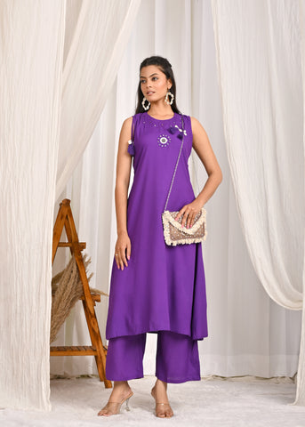 Solid Mirror Embroidered A-Line Co-ord Set - Purple