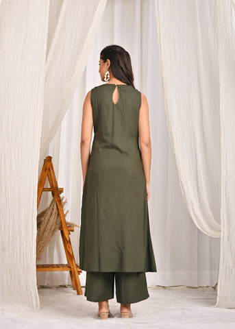 Solid Mirror Embroidered A-Line Co-ord Set - Green