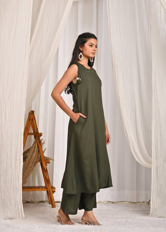 Solid Mirror Embroidered A-Line Co-ord Set - Green