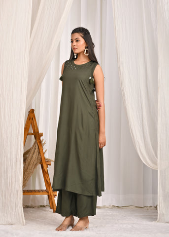 Solid Mirror Embroidered A-Line Co-ord Set - Green
