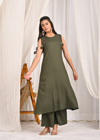 Solid Mirror Embroidered A-Line Co-ord Set - Green