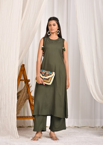 Solid Mirror Embroidered A-Line Co-ord Set - Green