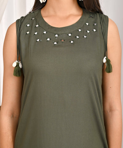 Solid Mirror Embroidered A-Line Co-ord Set - Green