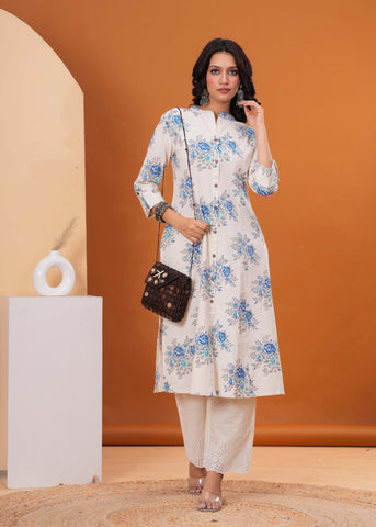 Floral Printed A-Line Flared Cotton Flax Kurta - Off White