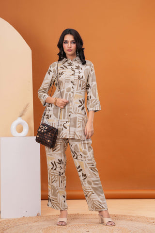 Geometric Floral Foil Printed Straight Fit Co-ord Set - Tan