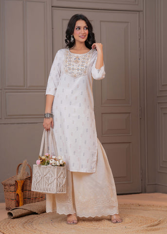 Ethnic Woven & Mirror Embroidered Straight Fit Kurta - Off White