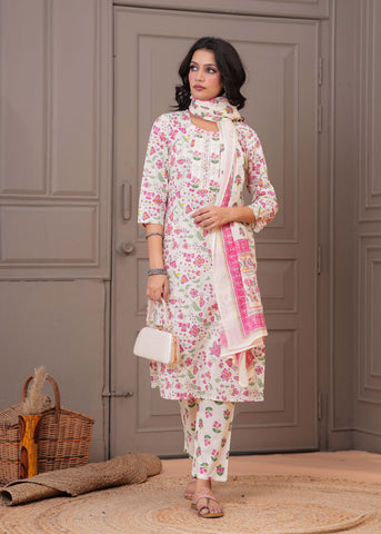 Floral Printed  Straight Kurta with Pant & Pure Cotton Dupatta - Off White