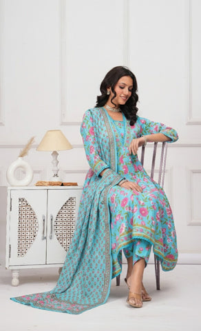 Blue Floral Printed Anarkali Cotton Suit  - Set of 3