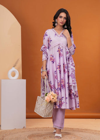 Lavender Floral Printed  A-Line Cotton Suit - Set of 3