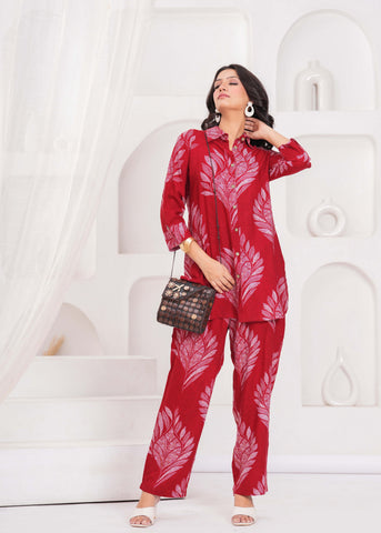 Abstract Floral Printed Straight Fit Co-ord Set - Red