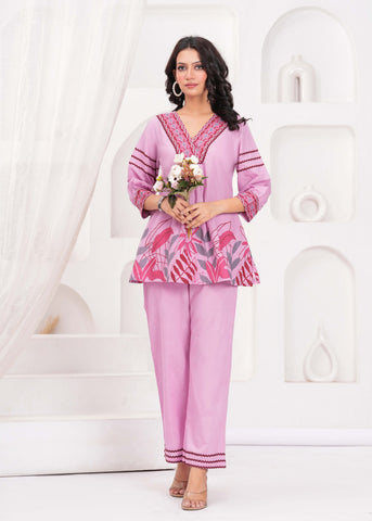 Mauve Abstract Floral Printed A-Line Co-ord Set - Set of 2