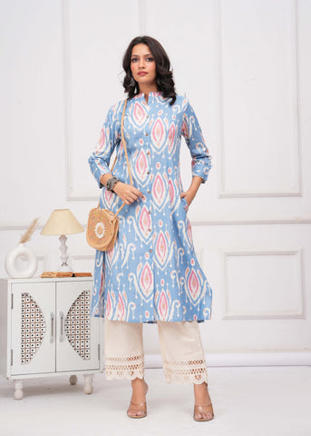 Ikat Printed A-Line Flared Cotton Flax Kurta - Blue
