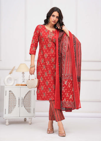 Floral & Stripes Printed Straight Kurta with Pant & Pure Cotton Dupatta - Red
