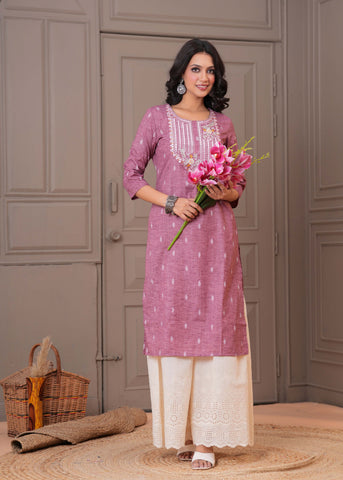 Ethnic Woven & Mirror Embroidered Straight Fit Kurta - Pink