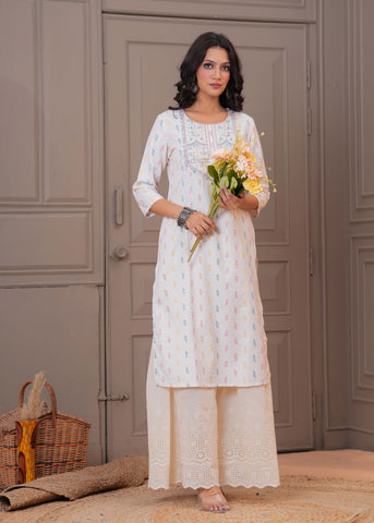 Ethnic Woven & Resham Embroidered Straight Fit Kurta - Off White
