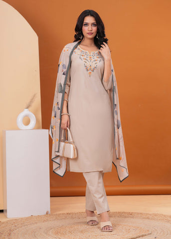 Solid Floral Embroidered Straight Kurta with Pant & Printed Dupatta - Taupe
