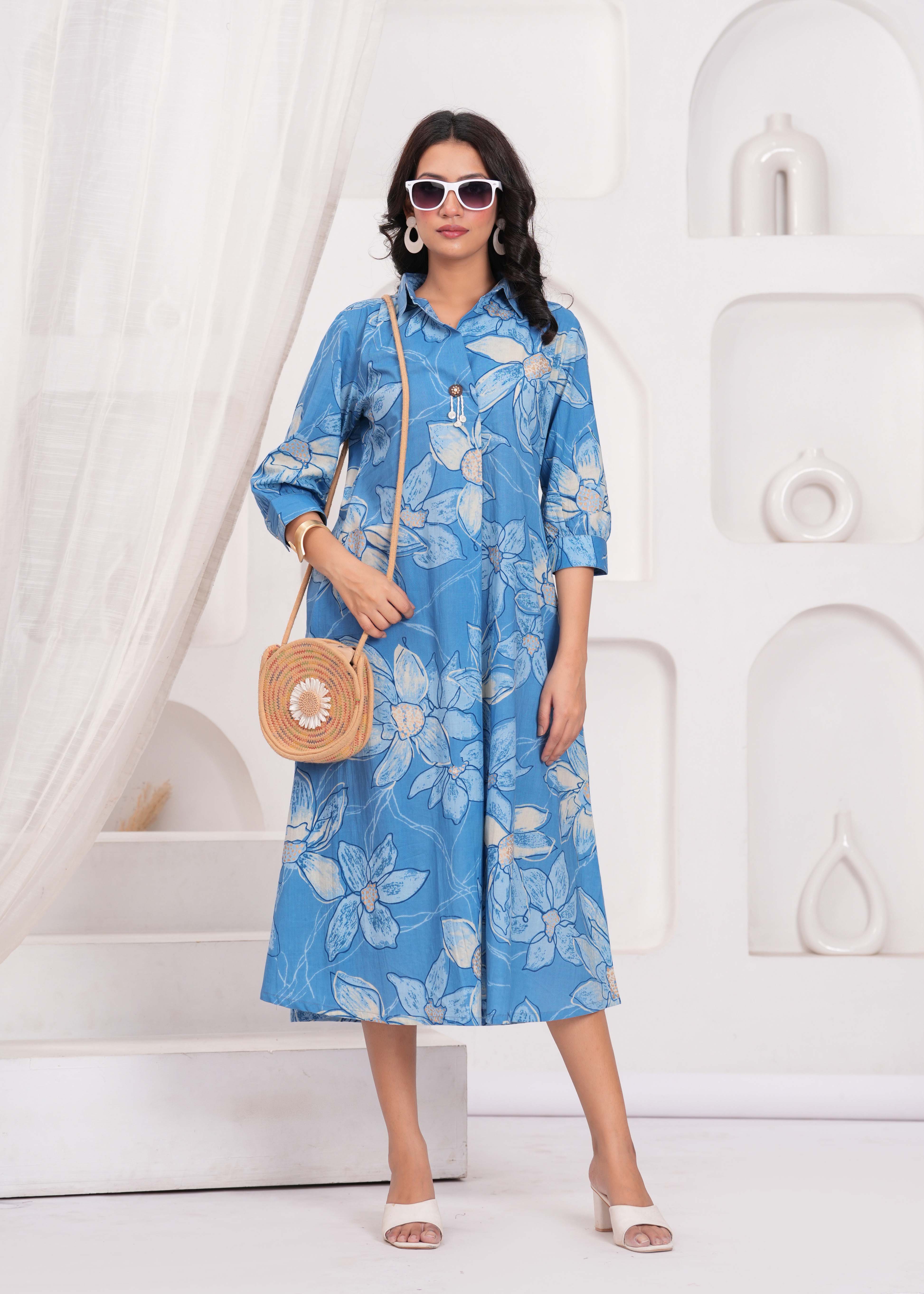 flared maxi dress Blue Abstract Floral Printed Flared Maxi Dress – Karaveera
