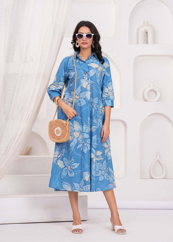 Blue Abstract Floral Printed  Flared Maxi Dress