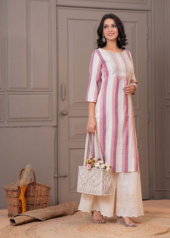 Ethnic Stripes Woven & Sequin Embroidered Straight Fit Kurta