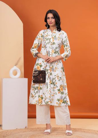 Floral Printed A-Line Flared Cotton Flax Kurta - Off White