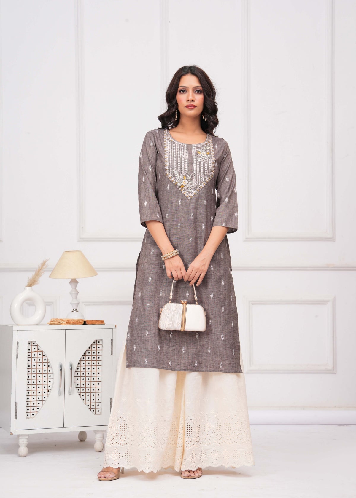 Ethnic Woven & Mirror Embroidered Straight Fit Kurta - Grey