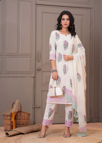 Floral Block Printed Schiffli Kurta with Pant & Pure Cotton Dupatta - Cream