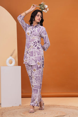 Geometric Floral Foil Printed Straight Fit Co-ord Set - Purple