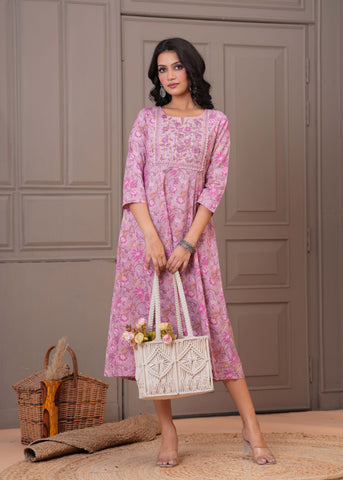 Floral Printed & Embroidered Anarkali Maxi Dress - Pink