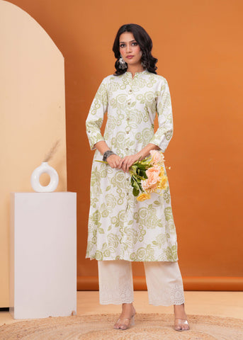 Ethnic Floral Printed A-Line Flared Cotton Flax Kurta - Off White