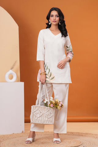 Solid Abstract Embroidered Straight Fit Cotton Flax Co-ord Set - White