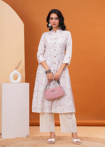 Ethnic Floral Printed A-Line Flared Cotton Flax Kurta - Off White