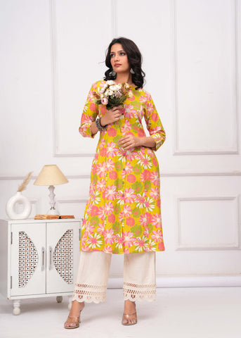 Abstract Floral Printed A-Line Paneled Cotton Flax Kurta - Lime Green