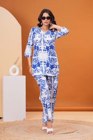 Ethnic Floral Printed Straight Fit Co-ord Set - Blue