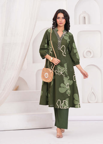 Green Abstract Embroidered A-Line Kurta with Palazzo - Set of 2