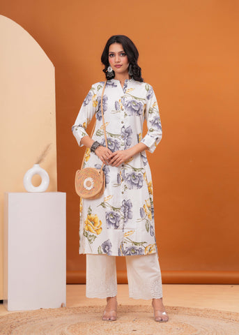 Abstract Floral Printed A-Line Flared Cotton Flax Kurta - Off White