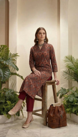 Ajrakh Printed & Embroidered Straight Fit Kurta with Pant - Maroon