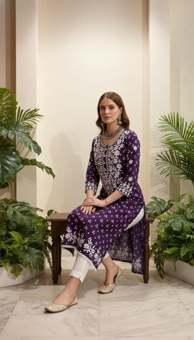 Bandhani Printed & Chikankari Embroidered Straight Fit Kurta - Purple
