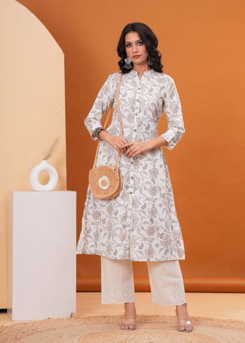 Ethnic Floral Printed A-Line Flared Cotton Flax Kurta - Off White