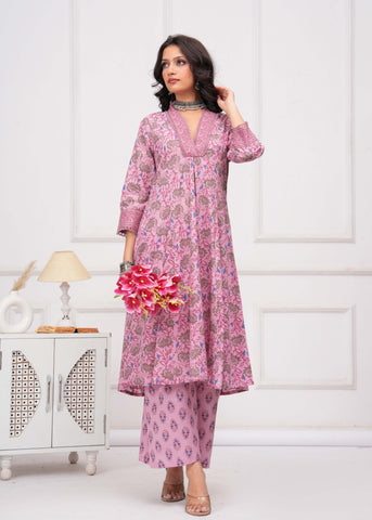 Pink Floral Printed A-Line Kurta with Palazzo - Set of 2