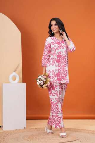 Ethnic Floral Printed Straight Fit Co-ord Set - Red