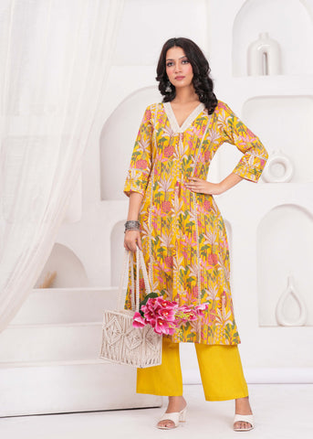 Yellow Floral Printed A-Line Kurta with Palazzo - Set of 2