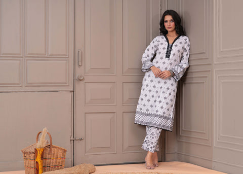 White Ethnic Floral Printed Straight Kurta with Pant - Set of 2