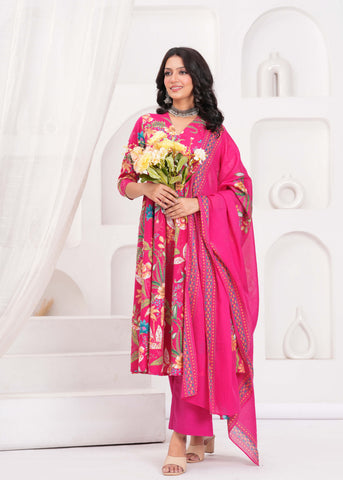 Pink Floral Printed  A-Line Cotton Suit  - Set of 3